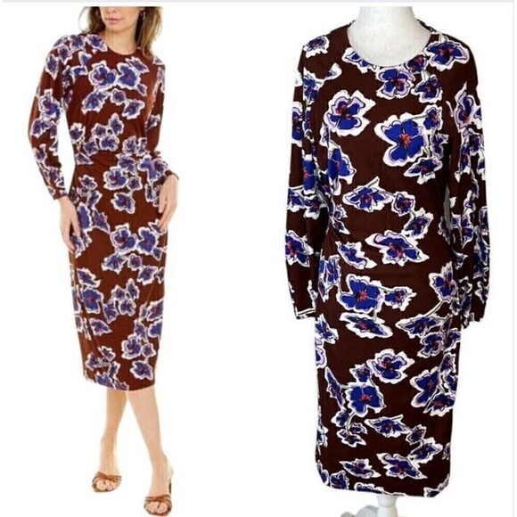 Tanya Taylor Brown Amara Floral Brown & Blue Midi Dress 3/4 sleeves Sz  Med